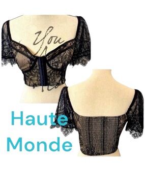 Haute Monde Black Lace Nude Underlay Bodice Crop Top (S)